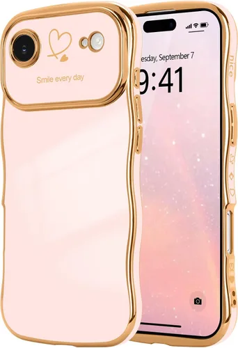 Vista 108 de LCHULLE - Funda para iPhone Air, linda para mujeres y niñas, con forma de onda, color azul bebé Luxury Plating Curly Wavy Frame with Love Heart