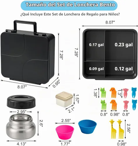 Vista 6 de Lonchera Bento con termo de sopa de 9.5 onzas, a prueba de fugas, 4 compartimentos, con cupcake de silicona, tenedor de frutas, cuchara y taza