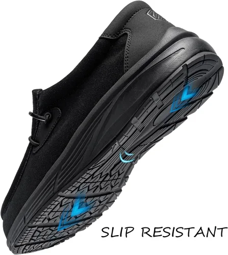 Vista 2 de LARNMERN Zapatos antideslizantes para el trabajo, sin cordones, para servicio de alimentos, zapatos antideslizantes para cocina, chef, bote, lona