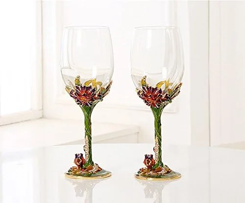 Vista 6 de Juego de 2 copas de vino pintadas artesanalmente esmaltadas con libélula