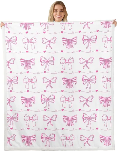Vista 13 de Manta de franela de forro polar con lazos rosados femeninos de 40 x 50 pulgadas, manta mullida de corazones para el día de San Valentín para sofá