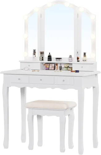 Vista 8 de Tiptiper Juego de mesa de tocador con espejo plegable triple iluminado, tocador de maquillaje con luces y 3 modos de iluminación