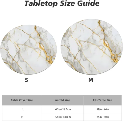 Vista 3 de Mantel redondo de mármol blanco dorado con borde elástico, mantel decorativo para el hogar, cocina, comedor, fiesta, S (se adapta a 40-45 pulgadas)