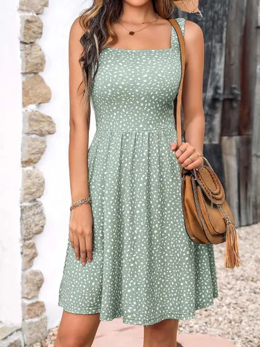 Vista 6 de HUHOT - Vestido casual de verano para mujer, con cuello cuadrado y bolsillo, bonito vestido por debajo de la rodilla, sin mangas, con cintura alta