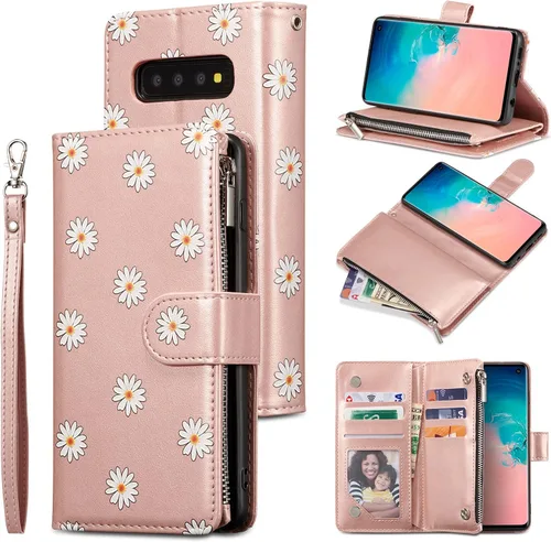 Vista 10 de UEEBAI Funda tipo cartera para Samsung Galaxy S10 Plus, Cartera de piel sintética con cierre magnético, funda de bolsillo con cremallera, ranuras