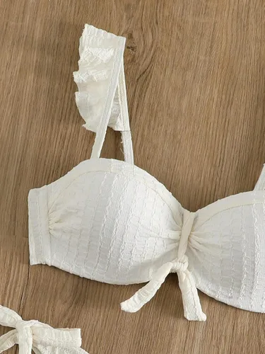 Vista 5 de WDIRARA Conjunto de traje de baño de 2 piezas para mujer con ribete de volantes, nudo lateral y parte delantera