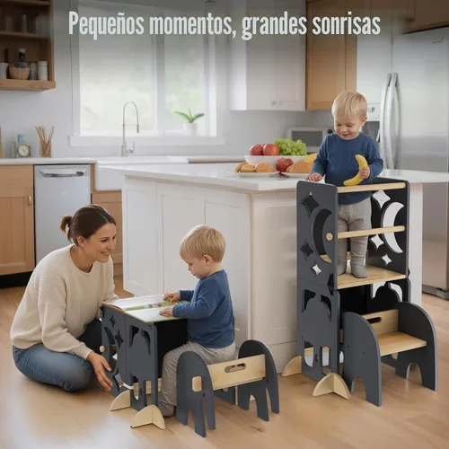 Vista 9 de COSYLAND - Taburete de cocina 4 en 1 para niños pequeños Elefante gris y natural