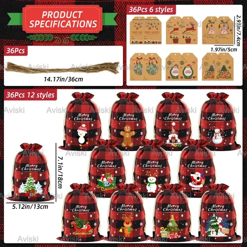 Vista 2 de Aviski 36 unidades de bolsas de regalo de Navidad con cordón de algodón, diseño a cuadros de búfalo, bolsas de dulces de Navidad, bolsas de regalo