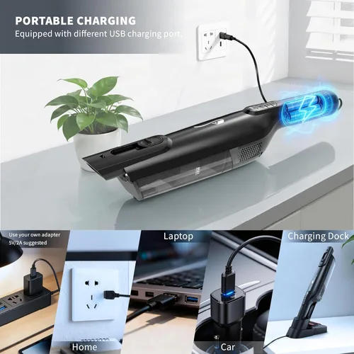 Vista 4 de Aspiradora de mano inalámbrica, ligera y portátil con luz LED, aspiradora de mano recargable con vacío de un solo toque, potente succión
