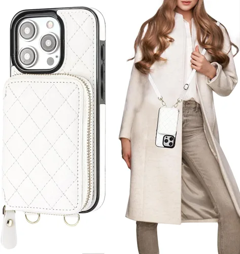 Vista 12 de Bocasal Funda tipo cartera con bandolera para iPhone 15 Pro, cartera de mano de piel sintética con cremallera y bloqueo RFID, funda tipo cartera