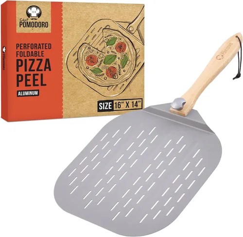 Vista 14 de Pomodoro pala para pizza de aluminio con asa de madera plegable para guardar fácilmente, de 12" x 14", para cocinar pan y pizzas en el hogar