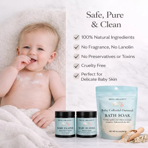 Vista 5 de Irene Organics Paquete para el cuidado de la piel del bebé: baño de avena, bálsamo para aliviar el eccema, bálsamo para la erupción del pañal