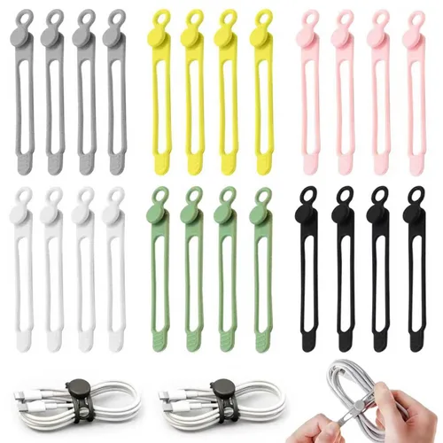 Vista 11 de Bridas para cables de datos, organizador de cables de silicona reutilizable, cable elástico multiusos para agrupar auriculares, cargador de 6 piezas