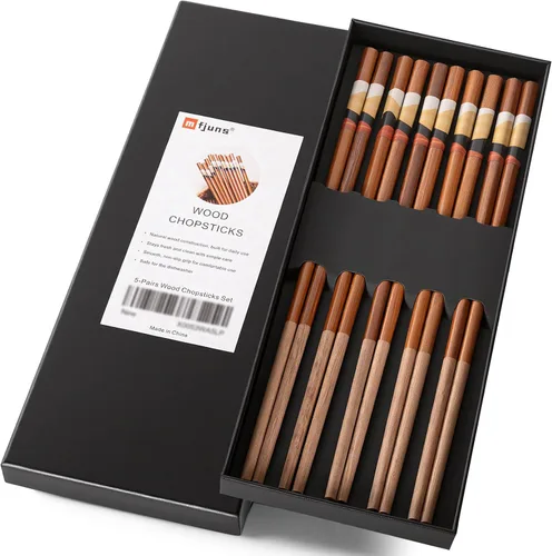 Vista 7 de MFJUNS Juego de 5 pares de palillos de madera, palillos reutilizables grabados con panda, palillos de palisandro/wengué/haya/madera de hierro, sin