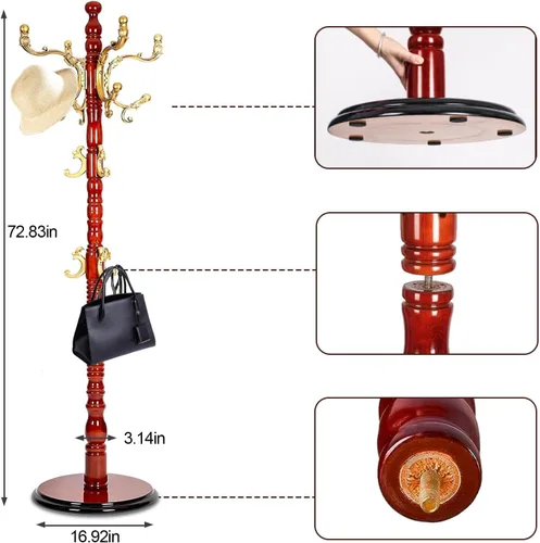 Vista 5 de Percheros independientes, estante de madera de alta calidad para árbol, árbol de pasillo con 14 ganchos y base de disco estable, para como abrigos
