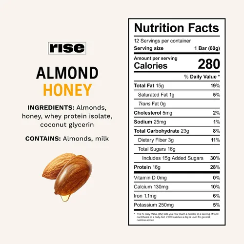 Vista 2 de Rise Barras de proteína de suero para el desayuno con miel de almendra, 18g de proteína, 2.01 oz (paquete de 12)