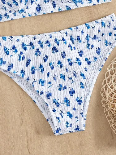 Vista 5 de MakeMeChic Conjunto de bikini de 2 piezas para mujer, traje de baño de triángulo fruncido con estampado floral