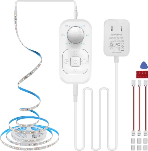 Vista 9 de Luces con sensor de movimiento para debajo del gabinete: tira de luces LED enchufables para interiores con adaptador de corriente, atenuador