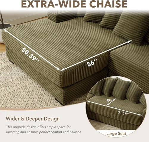 Vista 4 de Sofá modular de pana de 111 pulgadas, tamaño completo, color verde Convertible Sleeper Sofa Bed for Living Room, Hotel, Left L-Shaped Couch with