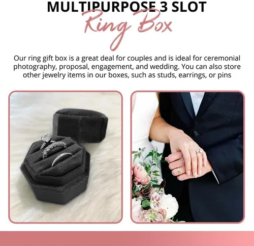 Vista 6 de Caja de terciopelo para anillos de alta calidad para ceremonia de boda con tapa desmontable, elegante y bonita caja para anillos de boda, 3 ranuras