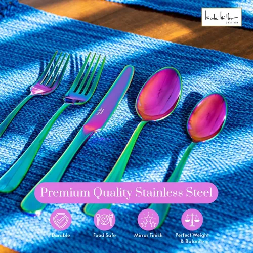 Vista 4 de Nicole Miller - Juego de cubiertos de 20 piezas, diseño de arcoíris, modernos utensilios de cocina de acero inoxidable para un comedor elegante