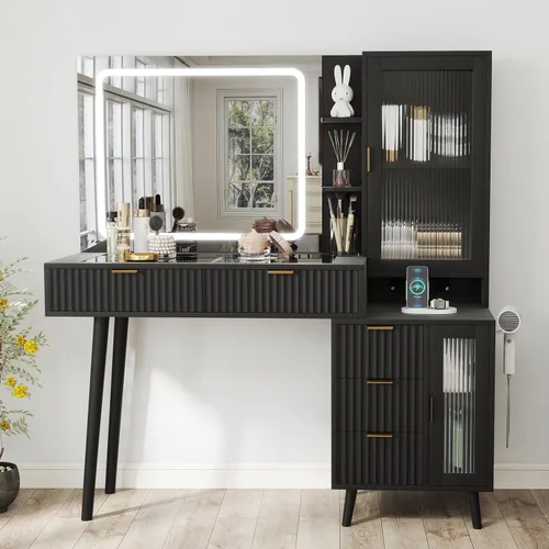 Vista 8 de 49“ Black Makeup Vanity Desk with Mirror and Lights, Wooden