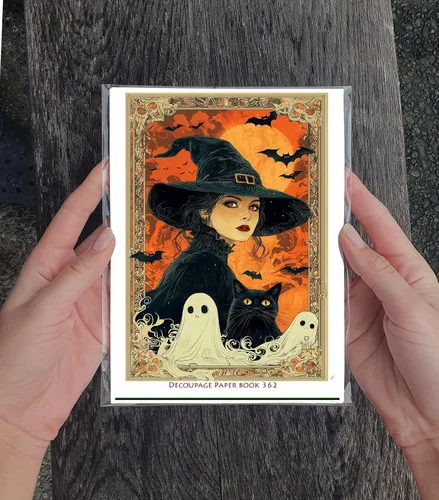 Vista 3 de Decoupage - Paquete de papel (35 hojas de 6 x 8 pulgadas), elegante hechicería de Halloween, brujas elegantes, gatos negros y fantasmas juguetones