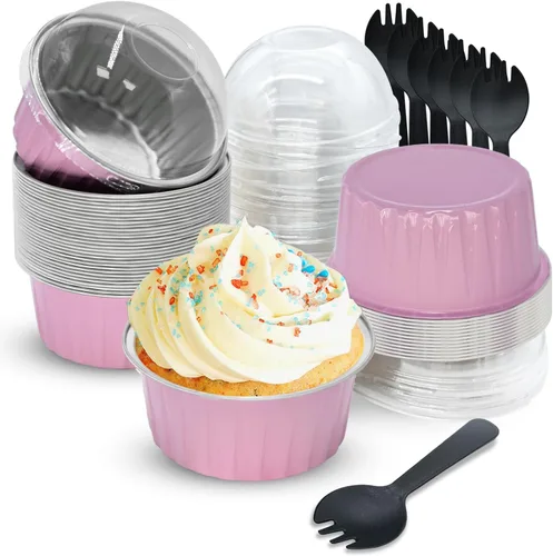 Vista 9 de Mini tazas de papel de aluminio para hornear cupcakes con tapas (30 unidades, 5 onzas), forros redondos de papel de aluminio para cupcakes, soporte