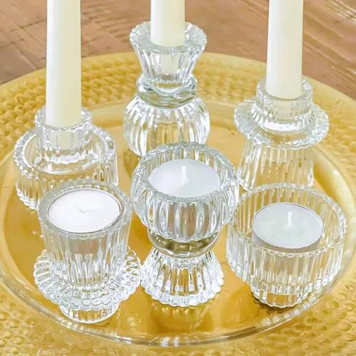 Vista 8 de Kate Aspen Portavelas de vidrio negro con nervaduras vintage, candelabro de pilar, portavelas para té y votivo (juego de 6, 3 tamaños surtidos)