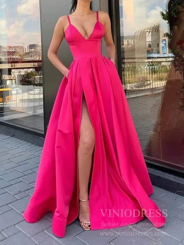 Vista 4 de Fanciest Vestidos de noche de satén con tirantes delgados para mujer, con abertura alta, con bolsillos, vestido formal largo