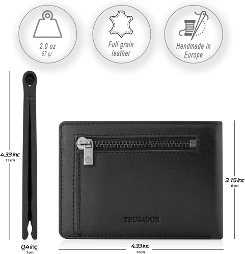 Vista 2 de TRUSADOR Trento - Cartera delgada de piel con diseño minimalista y plegable con bloqueo RFID y caja de regalo, Negro -, Con bolsillo para monedas