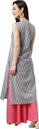Vista 7 de Janasya Indian - Kurta recto de algodón azul aguamarina con estampado botánico para mujer