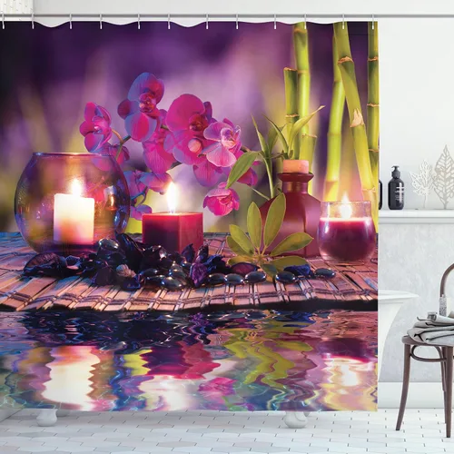 Vista 97 de set de cortina para baño decorativa de tela de poliéster con ganchos