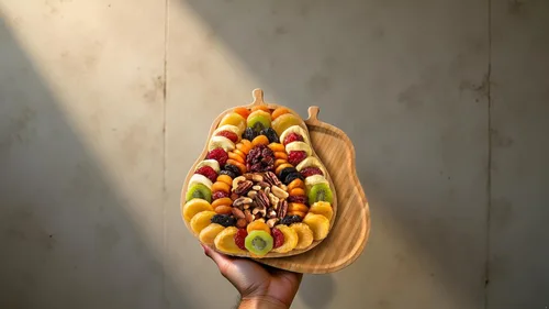 Vista 4 de A Gift Inside Frutas secas festivas y nueces en tabla de corte de bambú con forma de pera