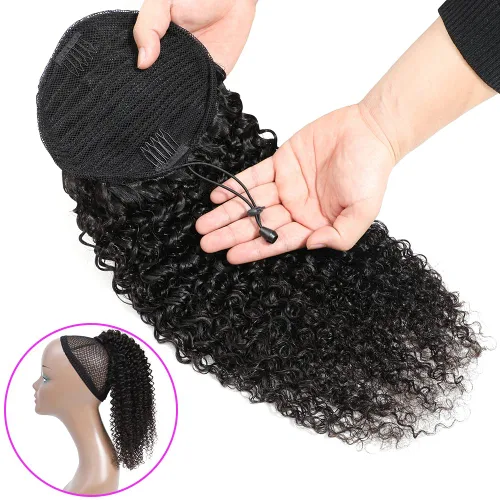 Vista 3 de Adette Colas de caballo rizadas de 12 pulgadas, extensiones de cabello humano con cordón, extensiones de cabello rizado con clip en cola de caballo