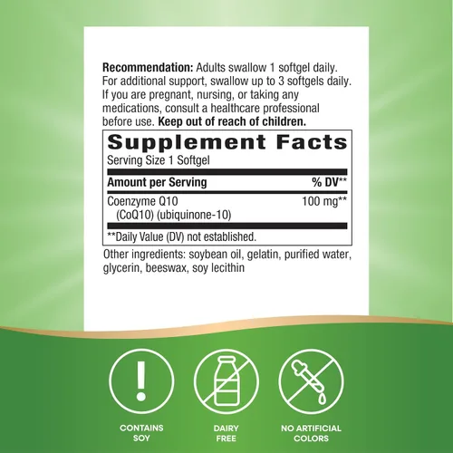 Vista 5 de Nature's Way CoQ10 con ubiquinona, apoya la salud del corazón*, apoya la producción de energía celular*, 100 mg por porción, 120 cápsulas blandas