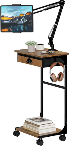 Vista 10 de Soporte de piso para tableta Kindle iPad con mesa auxiliar en forma de C, altura de ángulo ajustable, soporte para iPad Tablet Kindle para cama