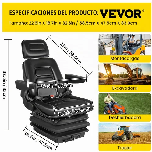 Vista 7 de VEVOR Asiento de suspensión con respaldo ajustable, reposacabezas y reposabrazos, asiento de carretilla elevadora con rieles deslizantes, plegable
