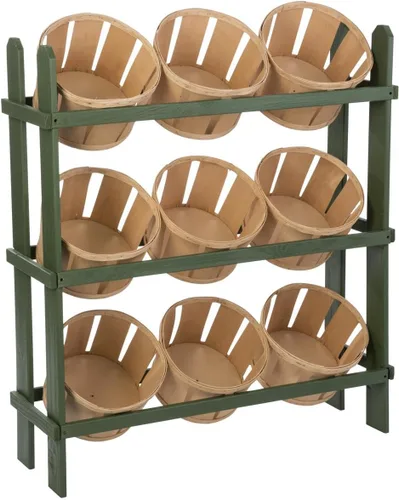 Vista 5 de Displays2go Estante de merchandising de madera rústica, tres niveles, nueve cestas - marco negro (PN9BKTBLK)