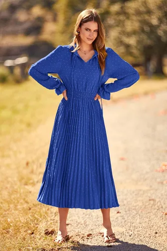 Vista 7 de PRETTYGARDEN Womens 2024 Fall Long Sleeve V Neck Swiss Dot Pleated A Line Flowy Dresses