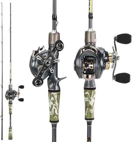 Vista 10 de Sougayilang Baitcaster Combo for Freshwater and Inshore, 2 Piece 30Ton+24Ton Graphite Fishing Rod with SuperPolymer Handle, 7.0:1 Gear Ratio