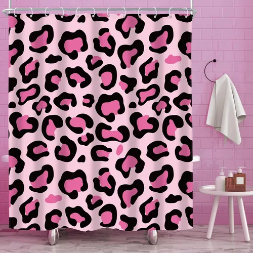 Vista 20 de Riyidecor Cortina de Ducha con Estampado de Leopardo Negro y Rosa Cabina Pequeña RV Estrecha Linda Femenina Moderna Trendy Simple Guepardo 36Wx72H