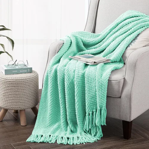 Vista 31 de Manta de punto suave con textura para sofá, manta de tweed crema con borlas de flecos para decoración del hogar, cama, sofá, silla, 50 x 60 Blanco