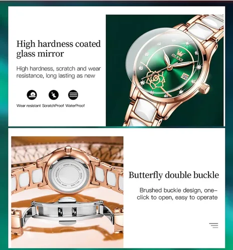 Vista 4 de OLEVS Reloj de pulsera para mujer oro rosa elegante de cerámica para mujer de cuarzo acero inoxidable impermeable luminoso
