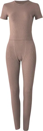 Vista 8 de Conjunto deportivo acanalado casual de 2 piezas para mujer, manga corta, cuello redondo y leggings elásticos de cintura media