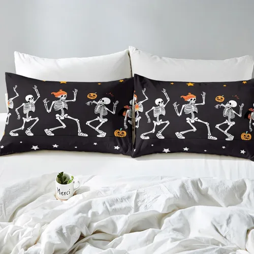 Vista 5 de Erosebridal Juego de sábanas de calavera para niños, tamaño individual, para Halloween, esqueleto gótico bailarín, juego de sábanas para niños