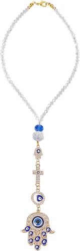 Vista 9 de Adorno colgante azul para coche con ojo malvado, dijes de cuentas con ojo malvado con adorno colgante de luna para coche, atrapasueños, regalo