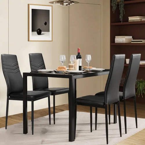 Vista 5 de NAFORT Juego de mesa de comedor para 4, mesa rectangular de vidrio templado de 48.5 pulgadas con 4 sillas de comedor de piel sintética negra, mesas