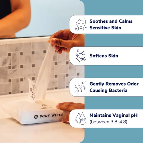 Vista 3 de Royal Toallitas femeninas de limpieza íntima para higiene vaginal, limpieza personal, cuidado menstrual, piel sensible y eliminación de olores, sin