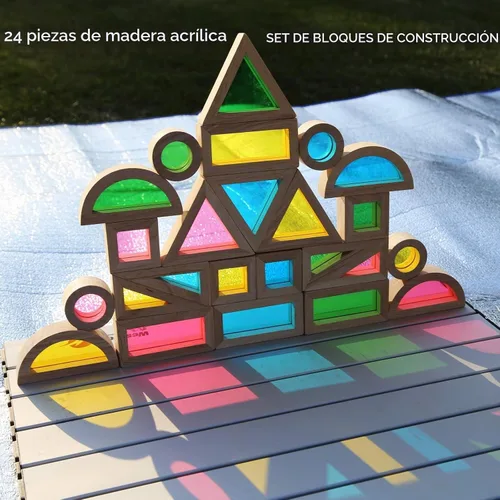 Vista 2 de Juego de bloques de construcción de madera, 24 piezas, bloques de madera para niños pequeños, juguetes sensoriales arcoíris, juguetes educativos